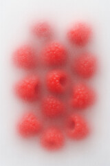 Raspberries Under Frosted Glass Red Berry Abstract Healthy Food Background
