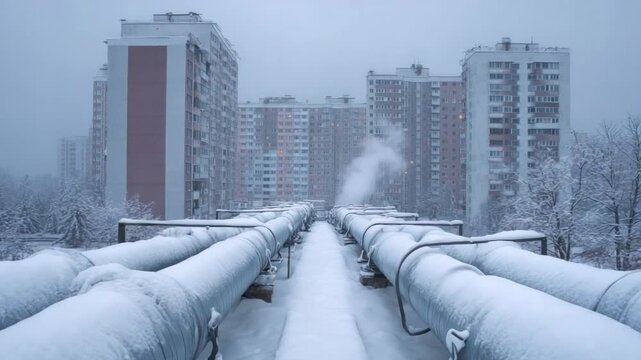 Urban winter cityscape: A symmetrical view of a snowy cityscape, featuring parallel pipes converging toward apartment buildings. Steam rises into the cold air.