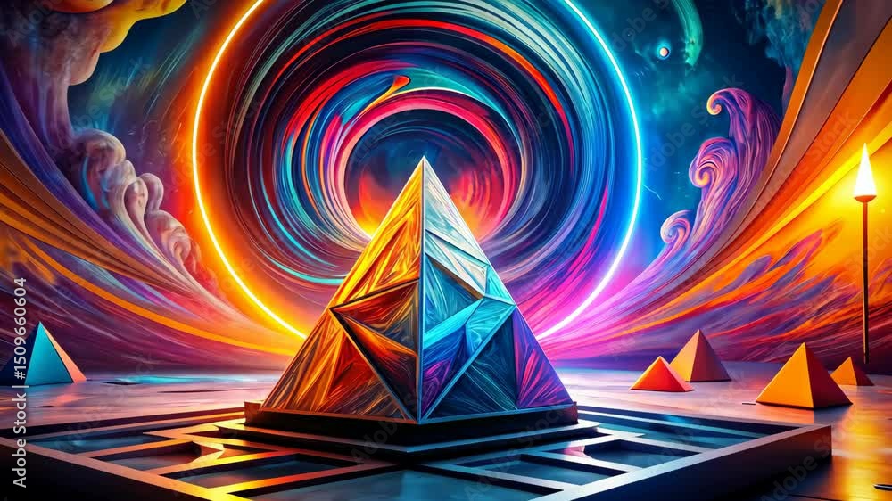 Wall mural psychedelic pyramid in a swirling vortex of colorful nebulae and celestial clouds