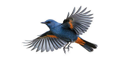 Fototapeta premium Blue Rock Thrush in Flight with Orange Accents and Extended Wings