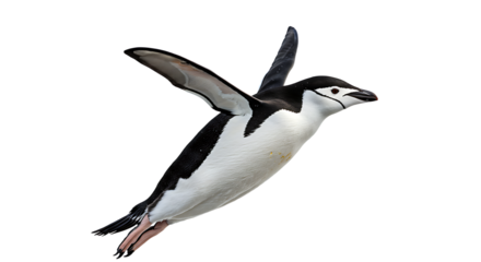 Chinstrap Penguin soaring with wings outstretched displaying black and white plumage