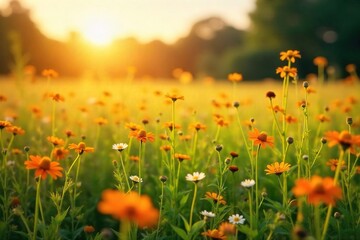 Obraz premium Golden hour sunlight bathes a vibrant summer field, wildflowers swaying gently in the breeze Perfect for idyllic, nature, and seasonal themes A tranquil scene of rural beauty , flora, horizon