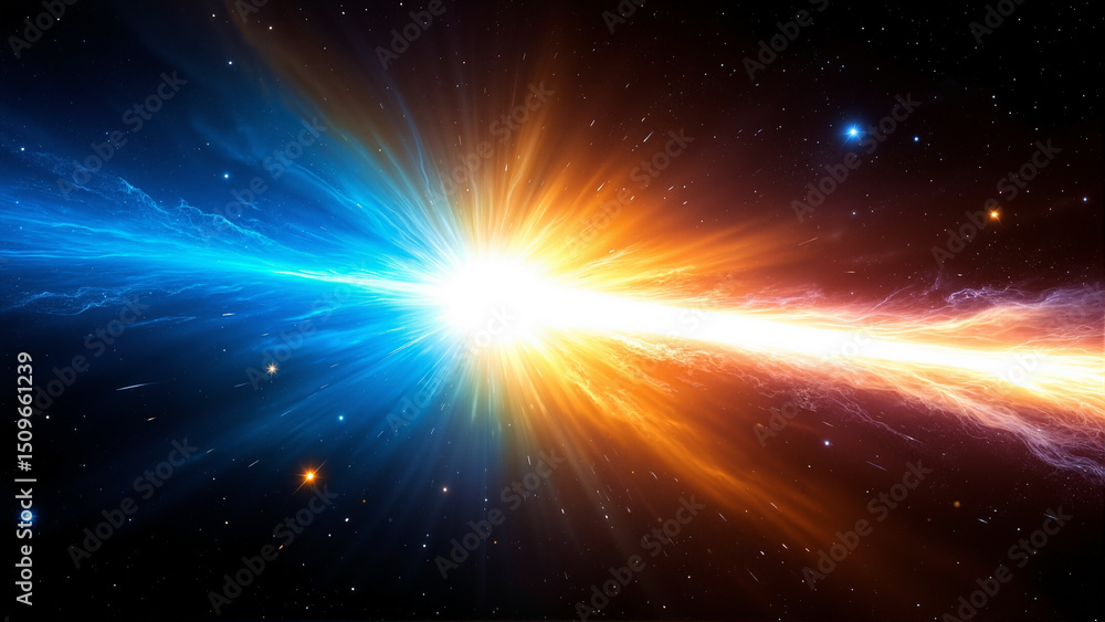 Poster the image shows an explosion of light in the sky with stars in the background. the light is in the c