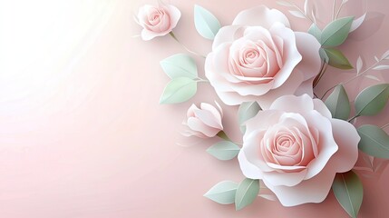 Fototapeta premium Delicate pastel roses and leaves in a soft color scheme.