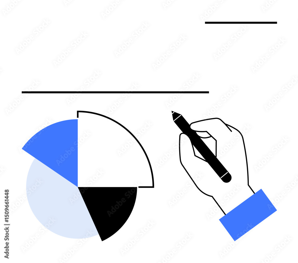 Poster hand sketching segmented pie chart with blue and black sections, surrounded by lines and minimalist 
