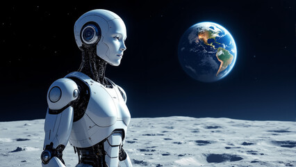 The image shows a humanoid robot standing on the moon with the earth in the background