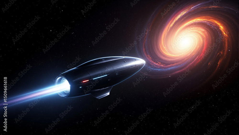 Poster the image shows a spaceship flying through a black hole with a bright light emanating from it