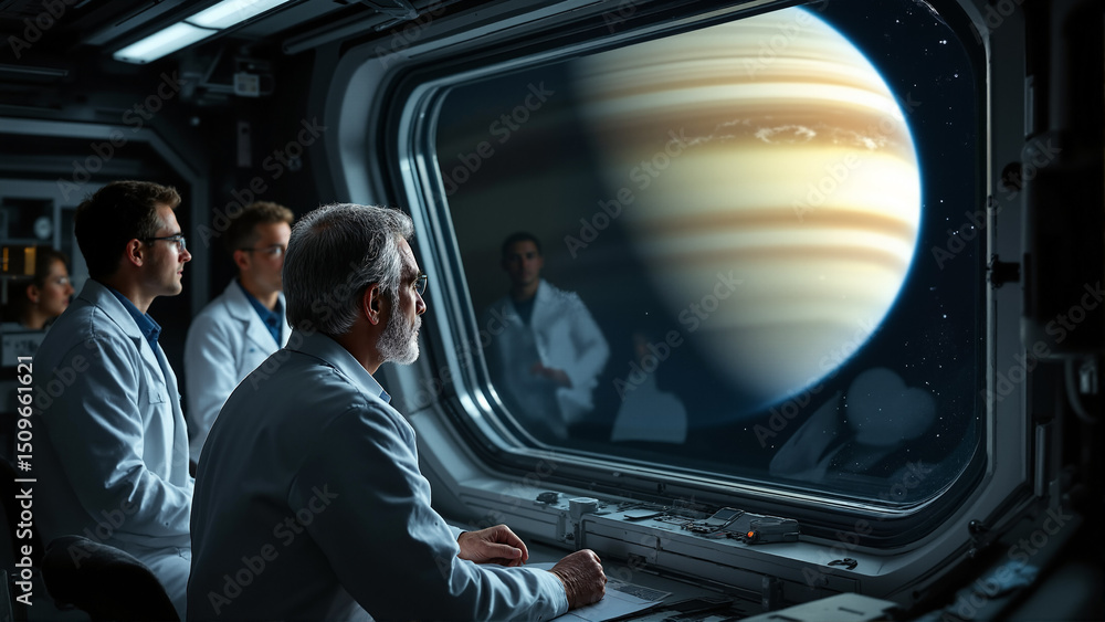 Poster the image shows a group of scientists in a space station looking out the window at saturn