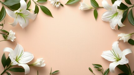 Naklejka premium Elegant Floral Frame with White Lilies and Soft Beige Background for Invitations and Greetings
