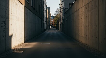 Fototapeta premium Sunlit Urban Alleyway Shadows and Architecture in a City Backstreet