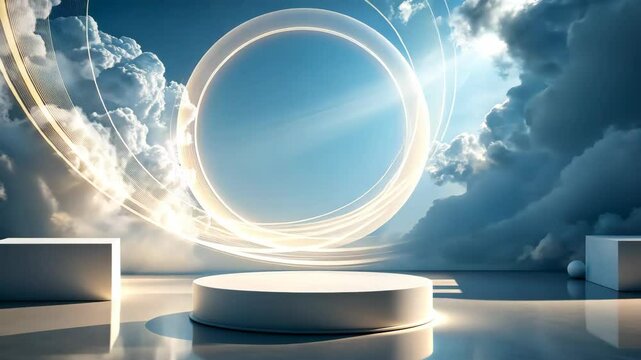 Empty white cylindrical product display platform with glowing circle, clouds, and sky