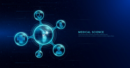 Medical science. Arthritis osteoporosis diagnosis. Human knee joint bone inside transparent molecule with icons doctor pill stethoscope saline bag and cross. On dark blue background. Vector.