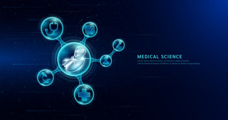 Medical science. Embryo inside transparent molecule with icons doctor pill syringe stethoscope and plus sign. On dark blue digital technology background. Vector EPS10.