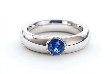 Close up of a silver ring with a round blue gem stone on a white surface for a simple jewelry shot