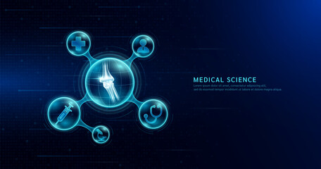 Medical science. Arthritis osteoporosis diagnosis. Human elbow joint bone inside transparent molecule with icons doctor pill syringe stethoscope and plus sign. On dark blue background. Vector.