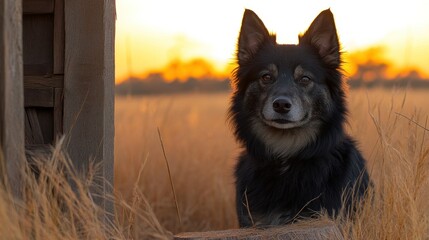 Dog in golden sunset field
