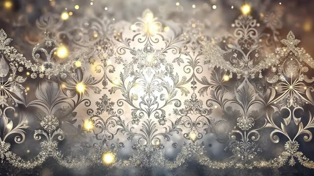 Elegant silver floral damask pattern background with golden bokeh lights and sparkles - Powered by Adobe