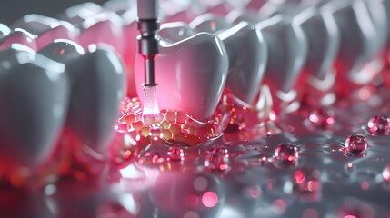 Concept for self cleaning teeth using nanotechnology microscopic robots removing plaque in ultra detailed 3D rendering
