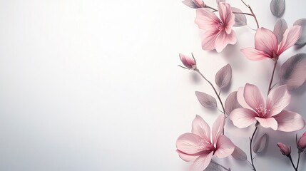 Fototapeta premium Delicate pink flowers with soft gray leaves on a light background.
