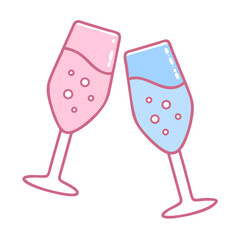 Flat pink and blue champagne glasses clinking, festive celebration icon