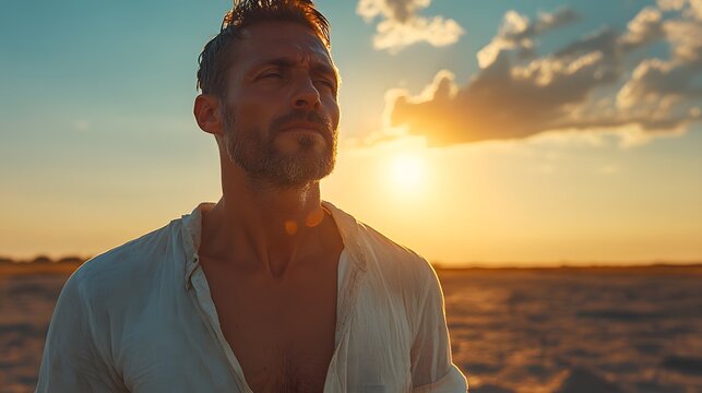 Selbstbewusster Mann in Leinenhemd bei Sonnenuntergang am Strand
