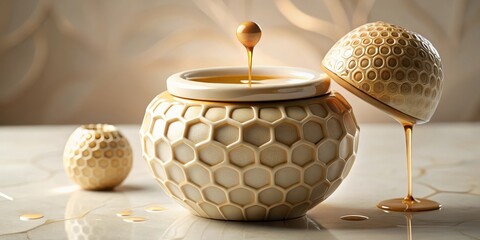 Golden Honey Dripping into Elegant Hexagonal Vessel