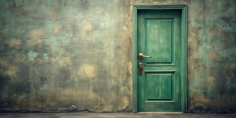A weathered green door set within an aged, textured wall, hinting at untold stories and forgotten times.