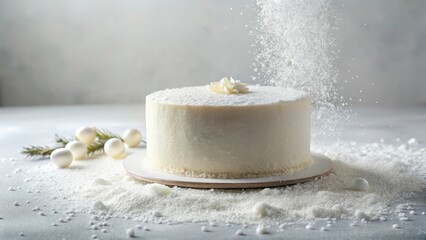 A Delicate White Cake Dusted with Powdered Sugar, Nestled Amongst Festive Decorations on a Snowy Surface