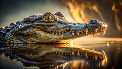 Golden Hour Crocodilian A Close-Up of a Reptilian Head Partially Submerged in Still Water, Illuminated by the Setting Sun's Rays