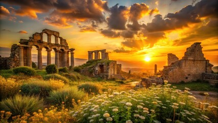 Ancient Ruins Bathed in Golden Sunset Light, Wildflowers Bloom in the Foreground, a Serene and Peaceful Scene