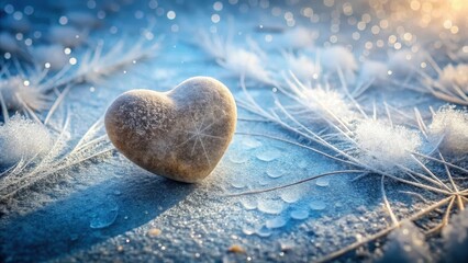 A Frosty Heart Shaped Stone Rests Amongst Icy Winter Plants in the Sparkling Morning Sun