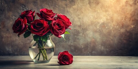 A Bouquet of Deep Red Roses in a Clear Glass Vase on a Rustic Surface