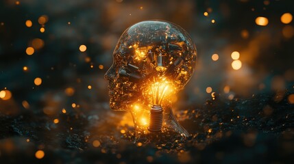 Illuminated skull-shaped lightbulb in a dark setting.