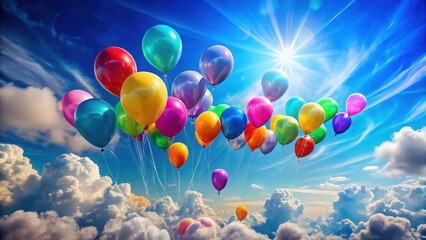 A vibrant cluster of colorful balloons ascends into a breathtaking sky, their cheerful hues contrasting beautifully against the fluffy white clouds and the radiant sun.