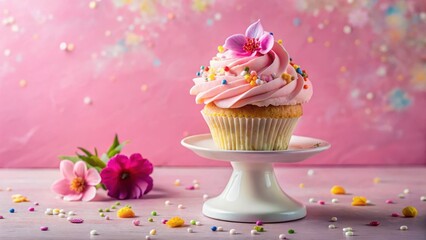 A Delicate Pink Cupcake with Sprinkles and a Flower Adornment on a White Cake Stand, Surrounded by Colorful Confetti and Blooming Flowers on a Pink Surface