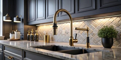 Elegant Gold Kitchen Faucet and Sink with Dark Cabinetry and Granite Countertops