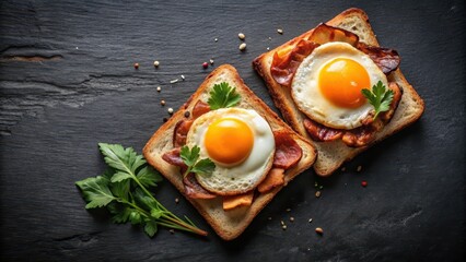 Aromatic Fried Egg and Crispy Bacon Toasts on Dark Surface with Fresh Parsley Garnish