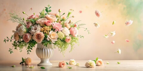 Elegant Pastel Flower Arrangement in a Classic Urn with Delicate Petals Falling Gracefully