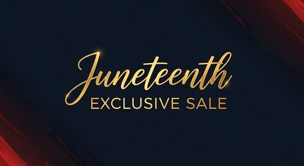 Juneteenth Exclusive Sale Promotion Displayed in Elegant Gold Foil Style on Dark Background with Swirling Red Accent, Perfect for Holiday Celebration