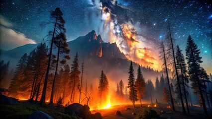 Night Fire in a Coniferous Forest Against a Starry Sky and Majestic Mountain