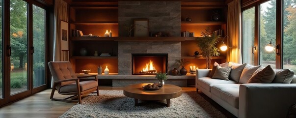 Cozy living room interior with fireplace, comfortable sofa, and warm lighting, perfect for relaxation and family gatherings , sofa, windows, plants