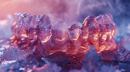 Conceptual art piece showing a set of teeth made entirely out of crystal symbolizing purity and strength ethereal glowing background