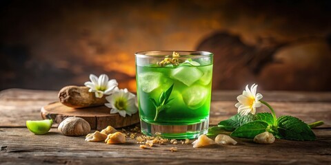 Refreshing Green Herbal Beverage with Ice Cubes and Botanical Accents on Rustic Wooden Table