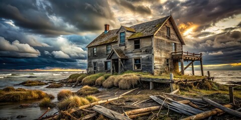 A weathered seaside dwelling, ravaged by time and the relentless assault of the ocean's fury, stands silhouetted against a dramatic sunset sky