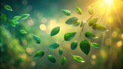 Vibrant Green Leaves Illuminated by Golden Sunlight, Gently Swaying in a Soft Breeze, Creating a Serene and Peaceful Natural Scene