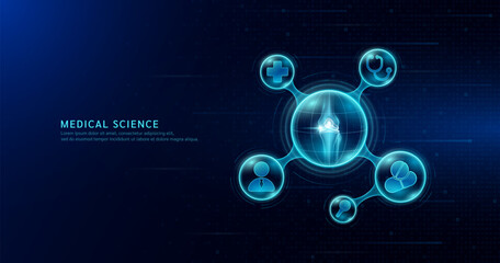 Medical science. Arthritis osteoporosis diagnosis. Human knee joint bone inside transparent molecule with icons doctor pill stethoscope plus sign and magnifying glass. On dark blue background. Vector.