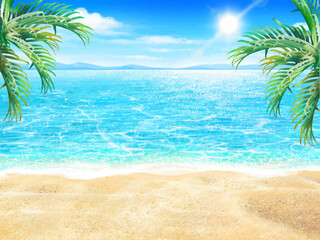 tropical beach with palm trees-Quiet and beautiful morning sea, emerald green sea and white sandy beach for vacation and holiday season