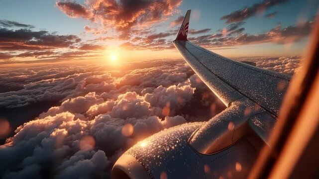 Airplane wing glistening with raindrops at sunset, soaring above fluffy clouds with vibrant colors