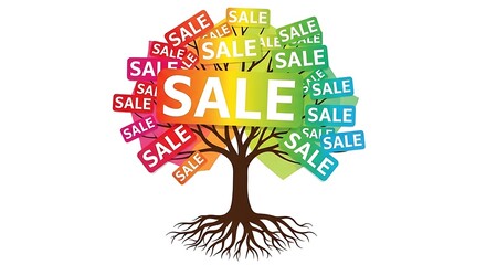 Colorful Sale Tree Illustration: Discounts Bloom in Vibrant Tones, Featuring Festive Signage, Showcasing Retail Promotions, Encouraging Shopping, Set Against a Clean White Background for Maximum