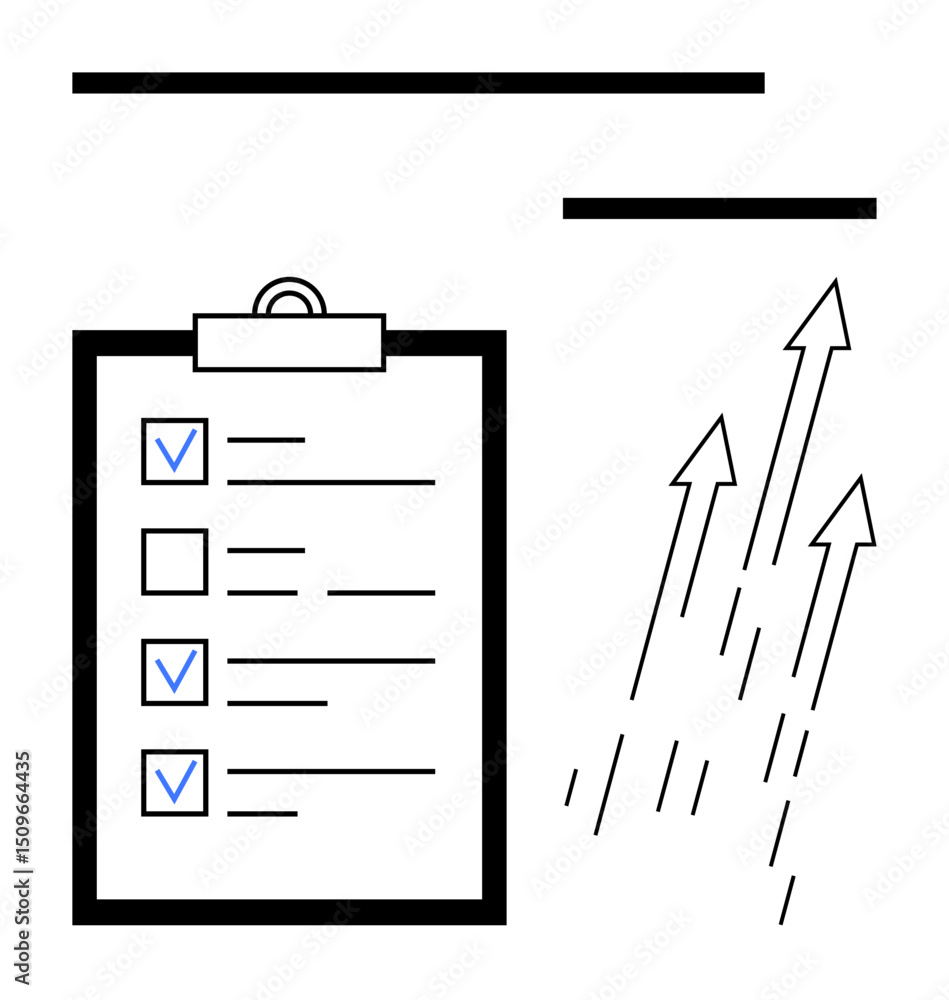 Poster clipboard with checklist and checkmarks alongside multiple upward arrows indicating progress, succes